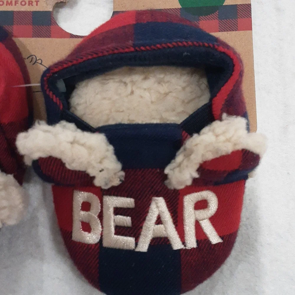 DEARFOAMS Cozy Comfort Baby Bear Plaid Closed Back Slippers NWT